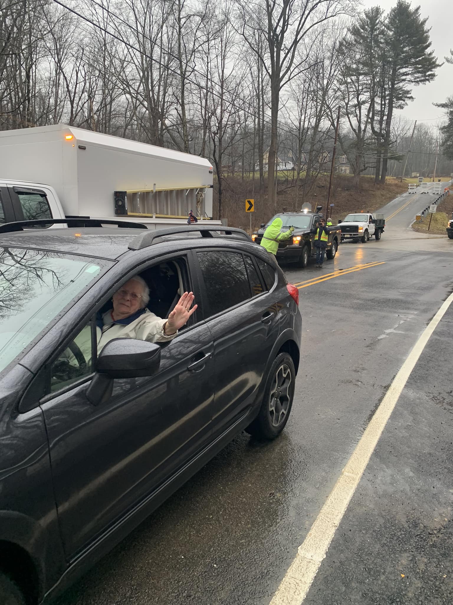 Driver on reopened Bridge over Brass Castle Creek